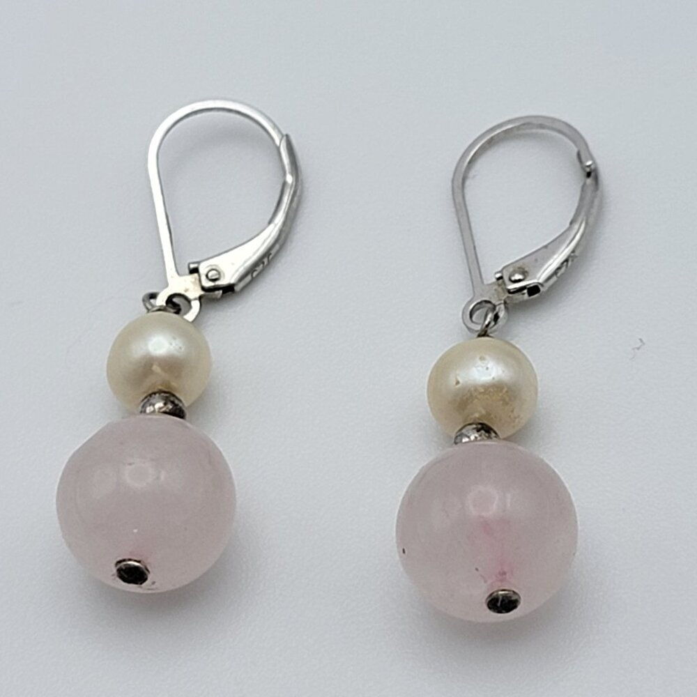 Sterling Silver Rose Quartz And Cream Pearl Earrings Pierced Leverback 1.5 Inch